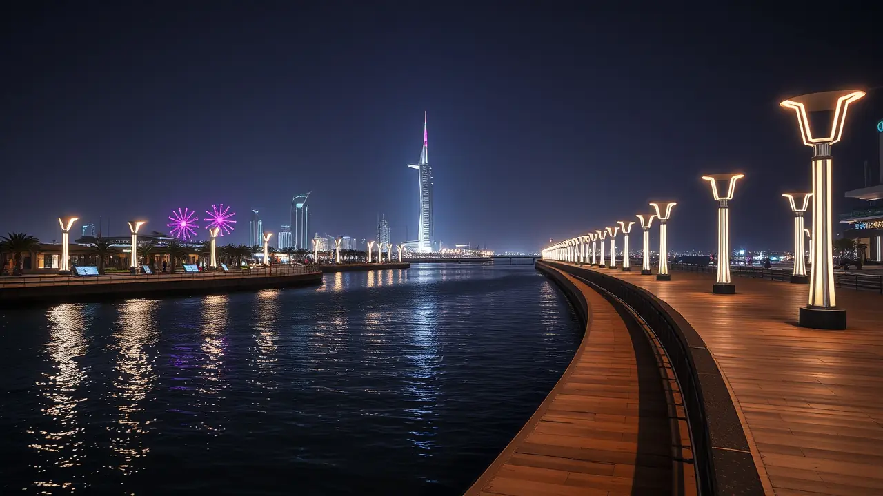 Promenade du front de mer de Dubai South la nuit