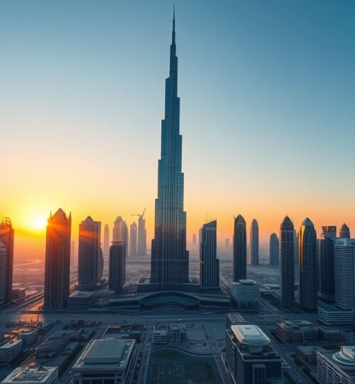 Downtown Dubai skyline with Burj Khalifa at sunset