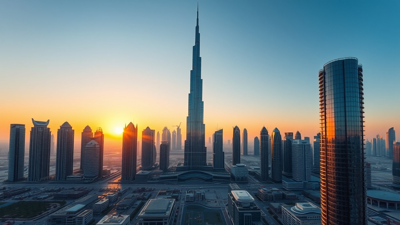 Downtown Dubai skyline with Burj Khalifa at sunset