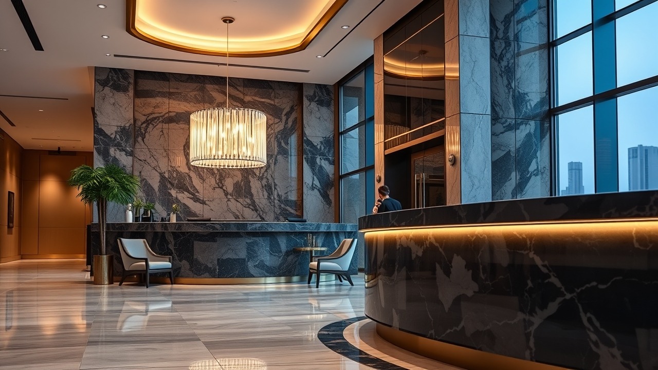 Luxury apartment lobby in Dubai with marble finishes
