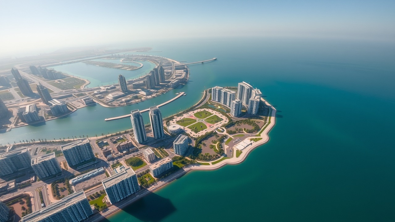 Aerial view of JLT towers and park