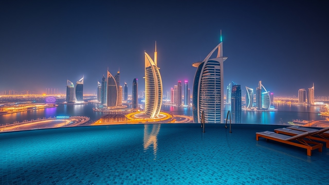 Infinity pool with Dubai Marina view at night