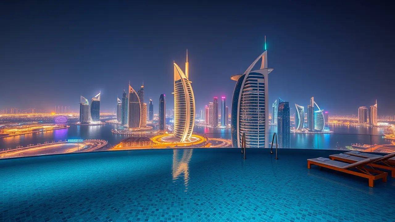 Piscine à débordement avec vue sur Dubai Marina la nuit