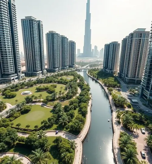 Vue aérienne du quartier de Sobha Hartland et de la skyline de Dubaï