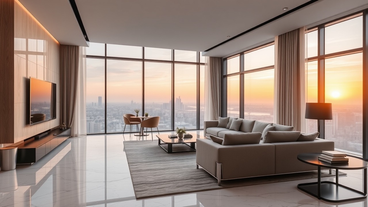 Luxury living room interior at Sobha Hartland with marble finishes