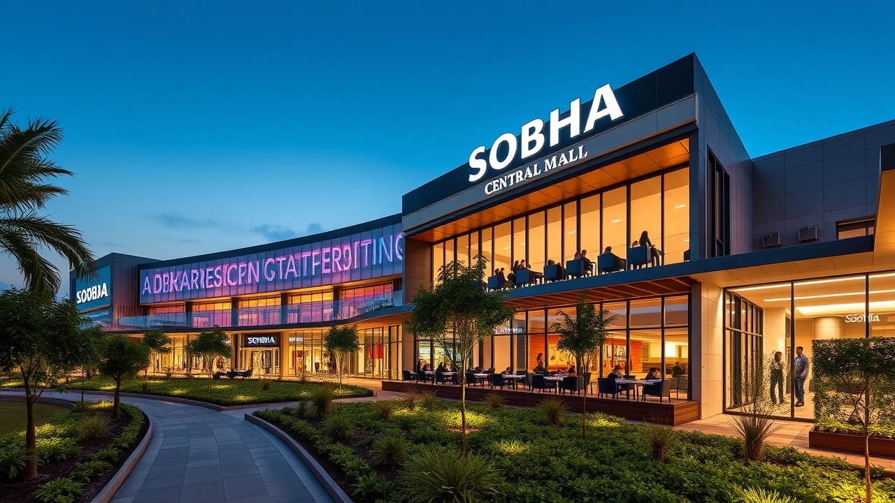 The modern exterior of Sobha Central Mall in MBR City