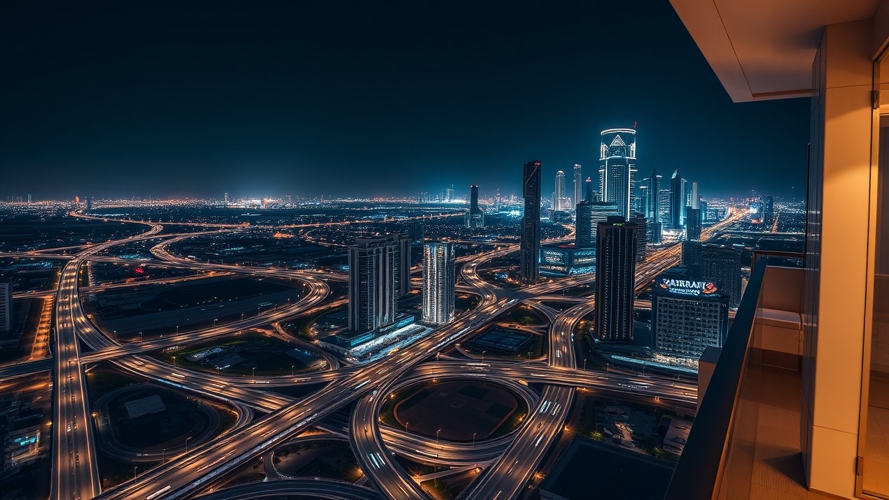 Night view of Downtown Dubai from a Sobha Hartland balcony