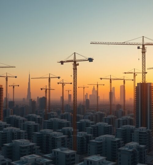 Dubai construction cranes over residential district 2026