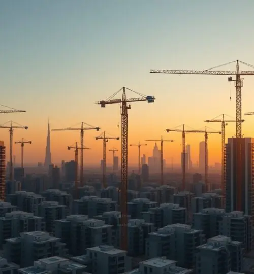 Grues de construction à Dubaï au-dessus d'un quartier résidentiel (2026)