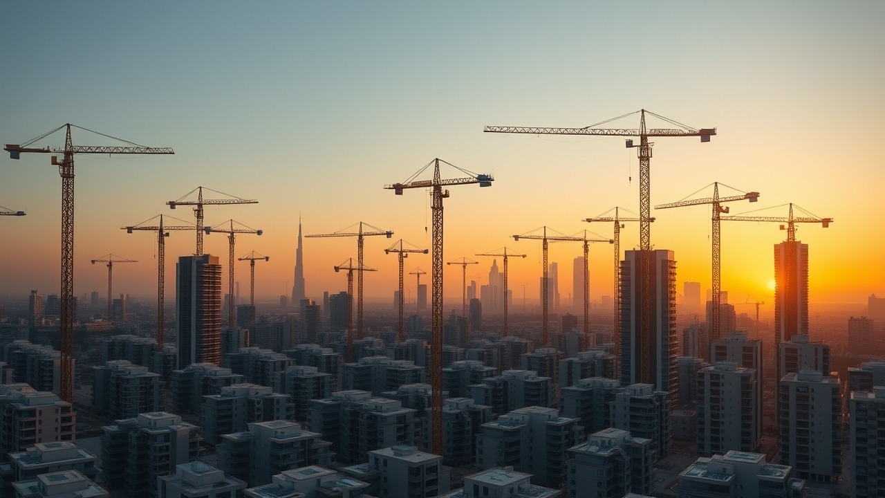 Dubai construction cranes over residential district 2026
