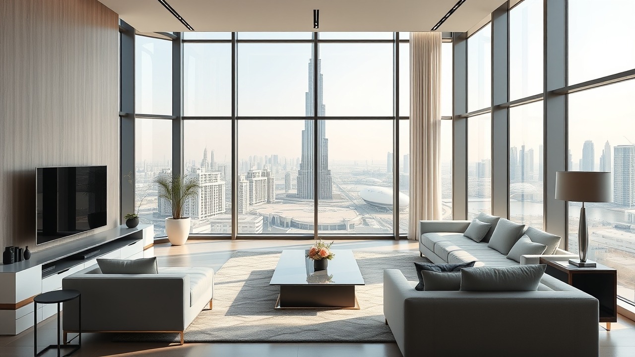 Luxury Dubai apartment interior with Burj Khalifa view