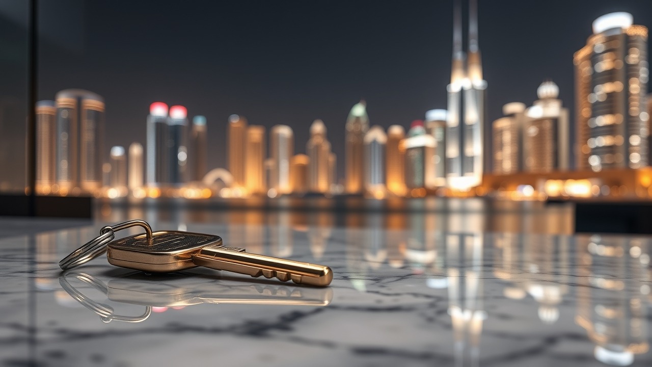 Dubai real estate property key on marble surface