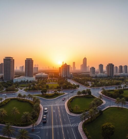 JVC Dubai skyline at sunset 2026
