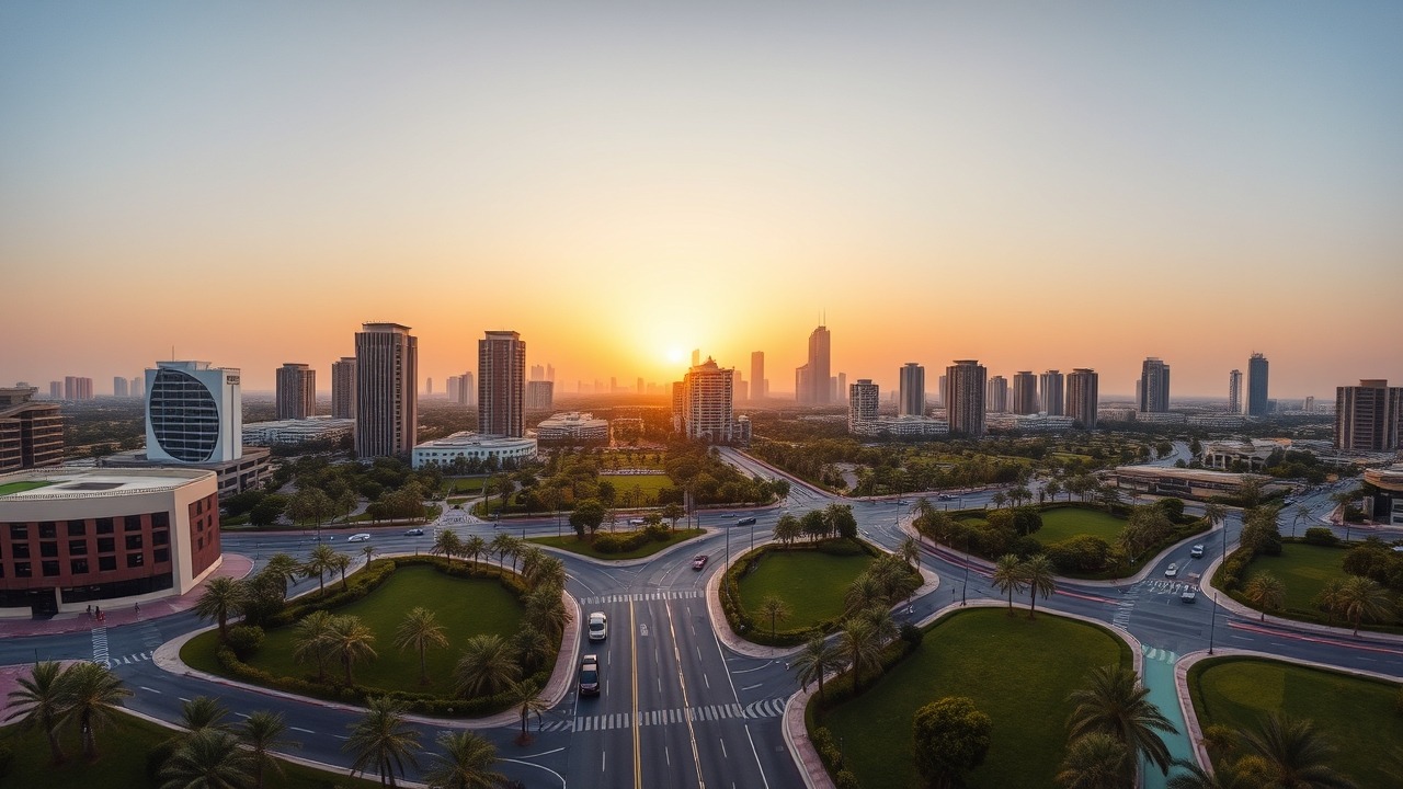 JVC Dubai skyline at sunset 2026