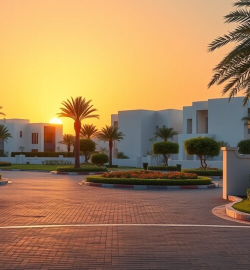 Arabian Ranches 3 entrance and modern landscaping at sunset