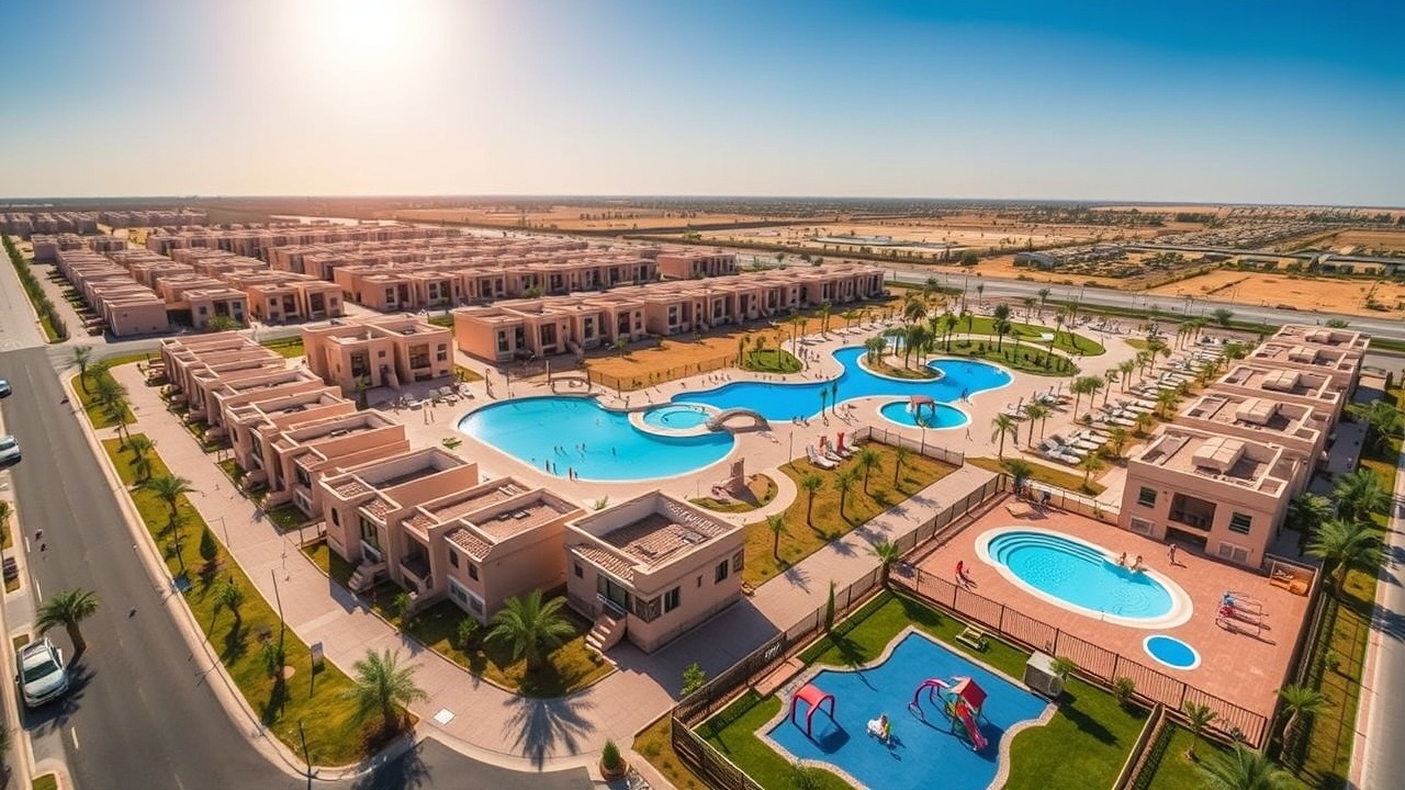 Aerial view of Sun cluster townhouses and community pool in AR3