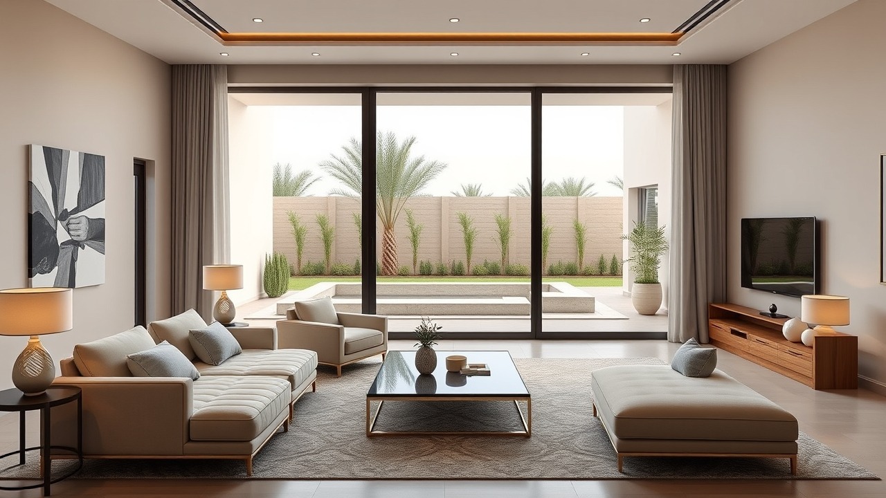 Modern luxury villa interior with floor-to-ceiling windows in Dubai