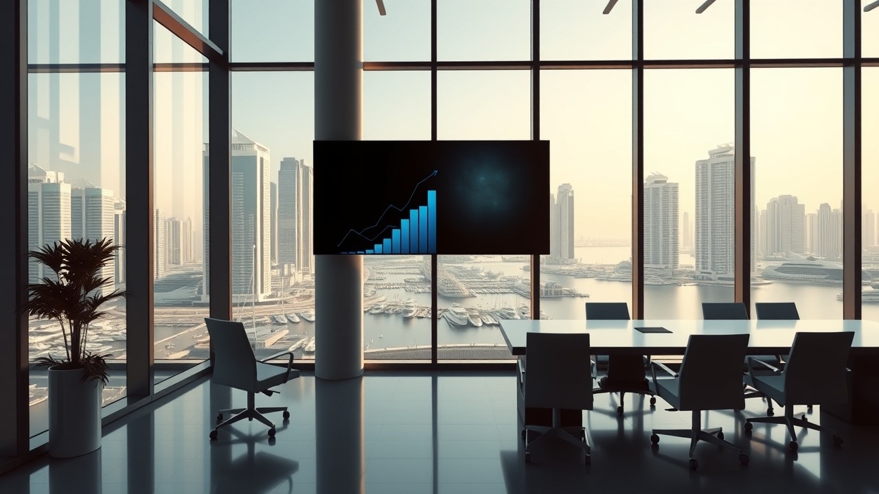 Modern Dubai office with financial data visualization