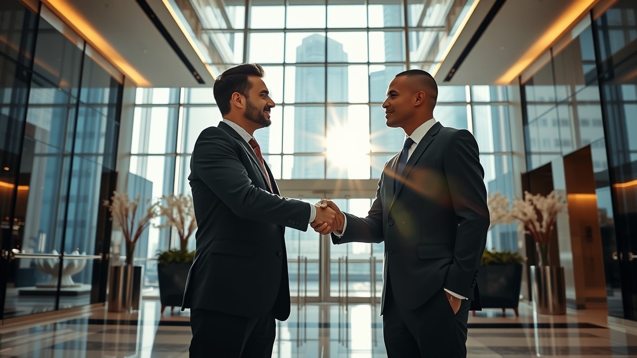 Business handshake in a Dubai luxury real estate setting