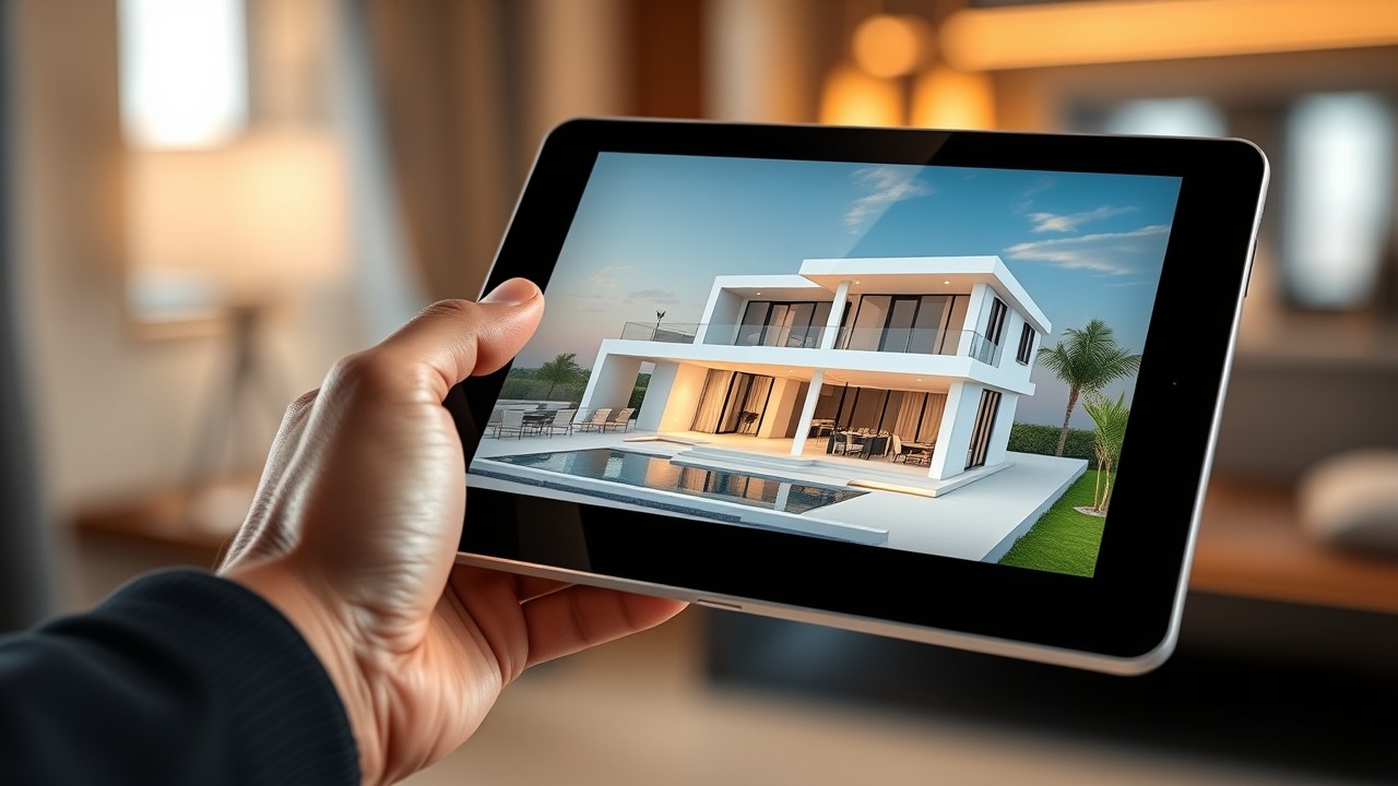 Tablet showing digital 3D real estate model in Dubai
