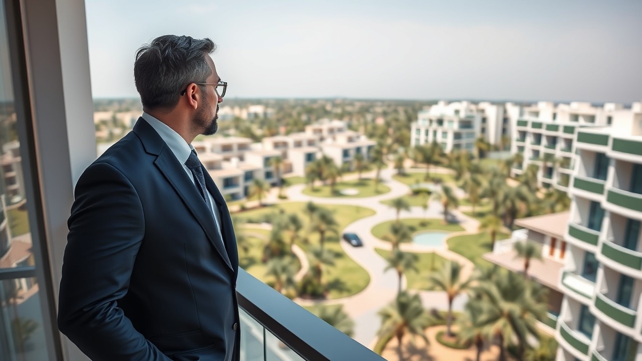 Professional real estate agent overlooking Dubai community