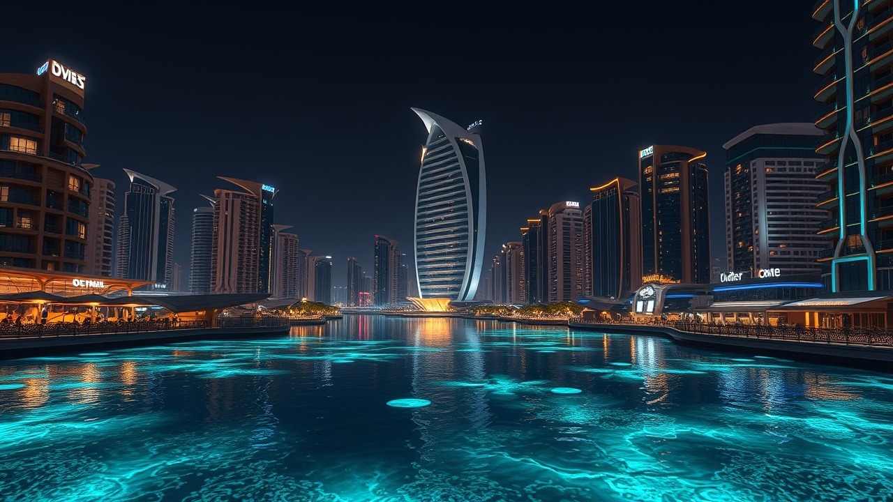 Night view of the Al Jaddaf Waterfront and Dubai Creek