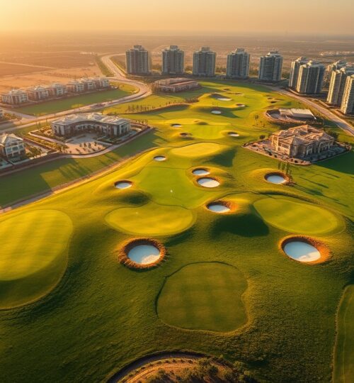 Aerial view of Els Club golf course in Dubai Sports City