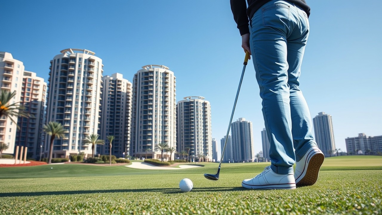 Golfing in Dubai Sports City with towers background