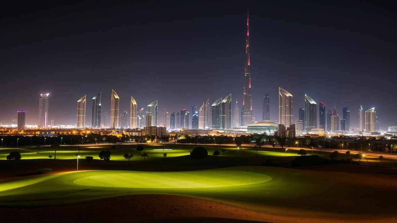 Dubai Sports City skyline at night golf course