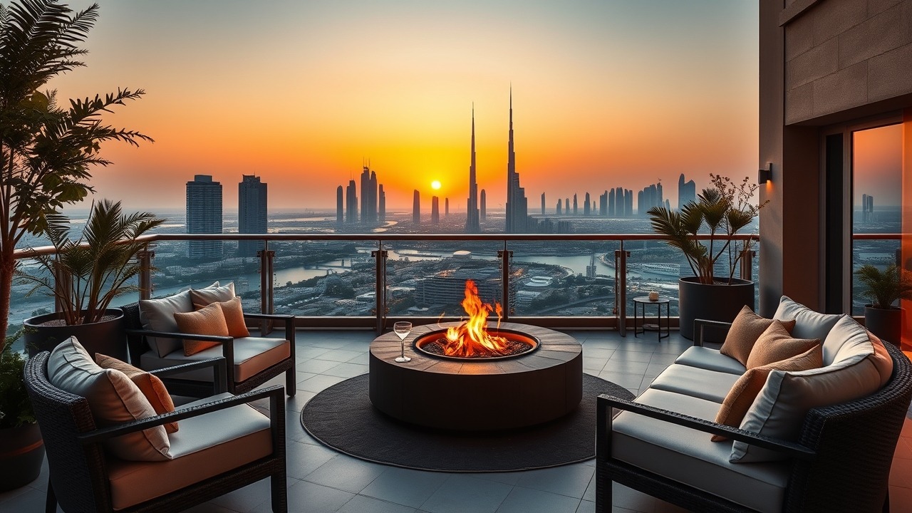 Staged outdoor terrace with Dubai Marina skyline view