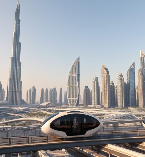 Dubai 2026 skyline with completed Creek Tower and future transport