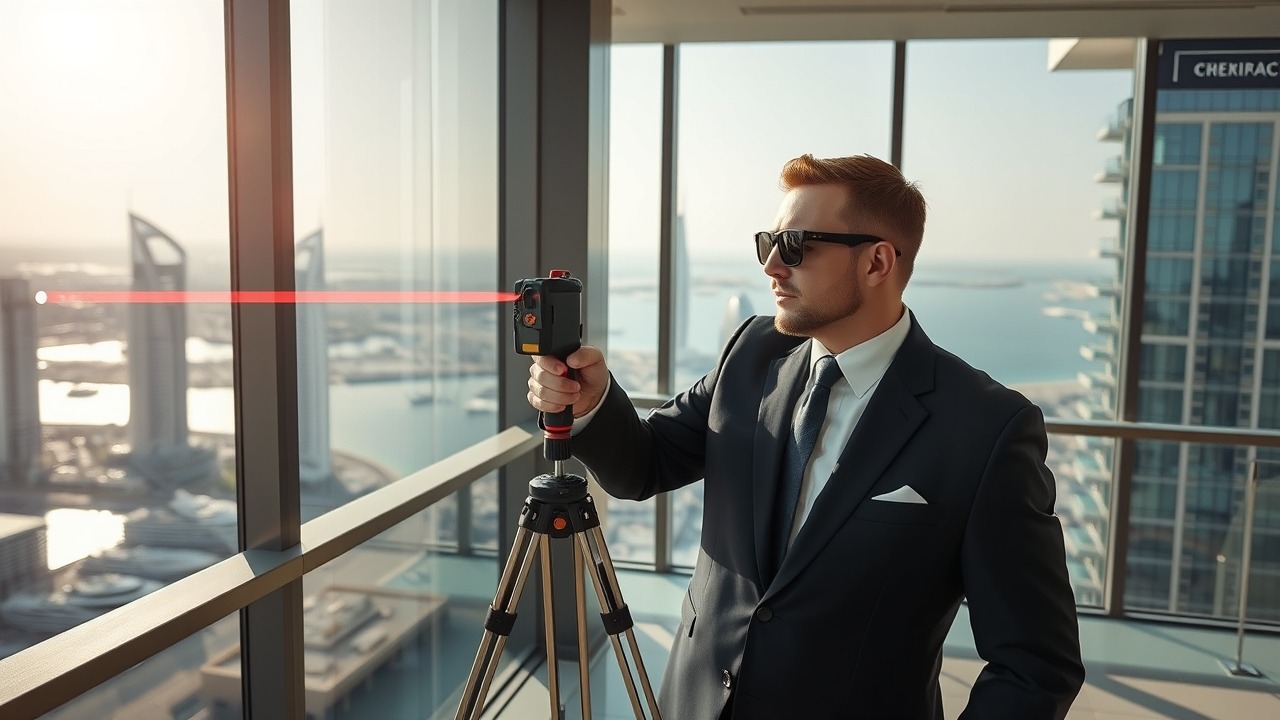 Property appraisal professional measuring a luxury penthouse in Dubai