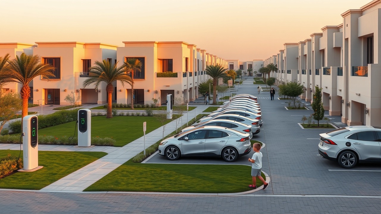 Modern Dubai townhouse community with green spaces and EV chargers