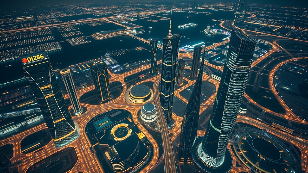 Aerial view of DIFC commercial district in 2026 at night