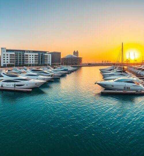 Luxury yachts docked at Mina Rashid sunset