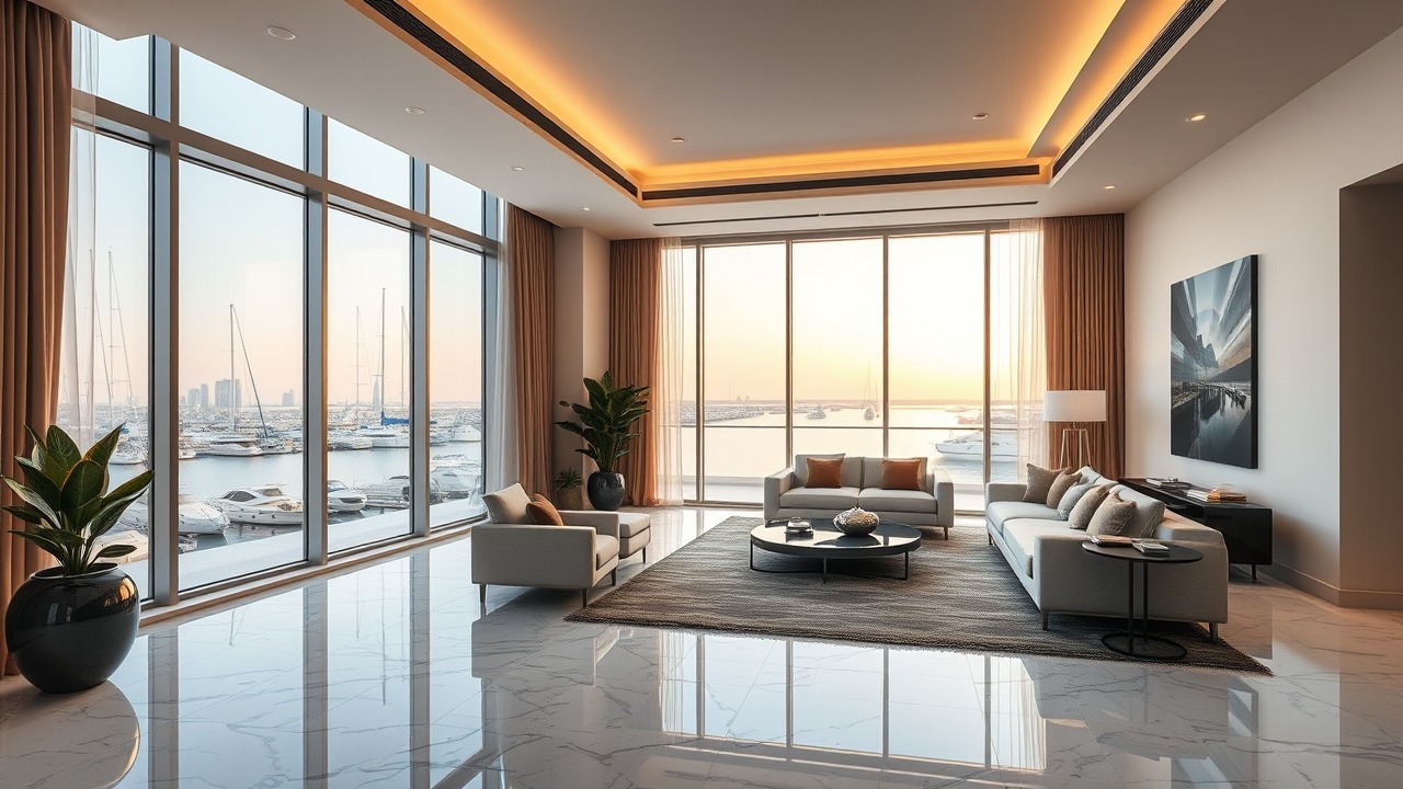 Luxury apartment interior overlooking Dubai Marina