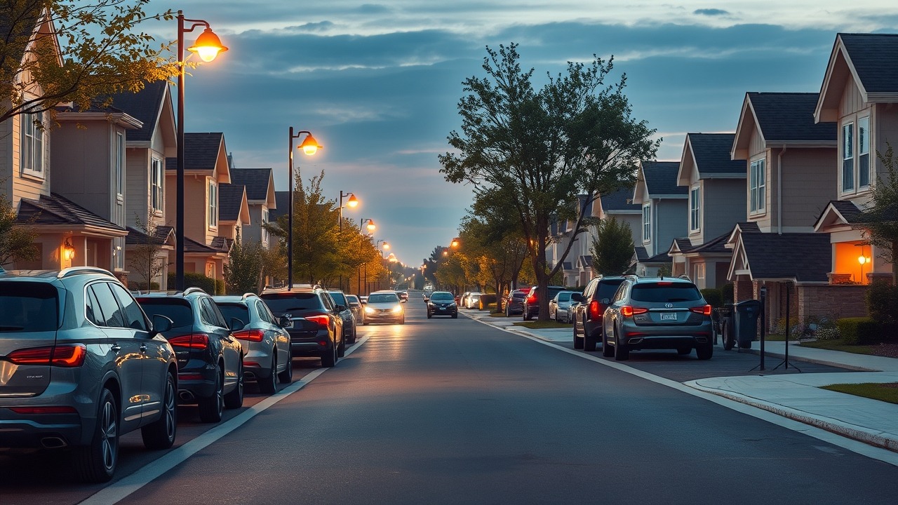Suburban street view of Mudon community at night