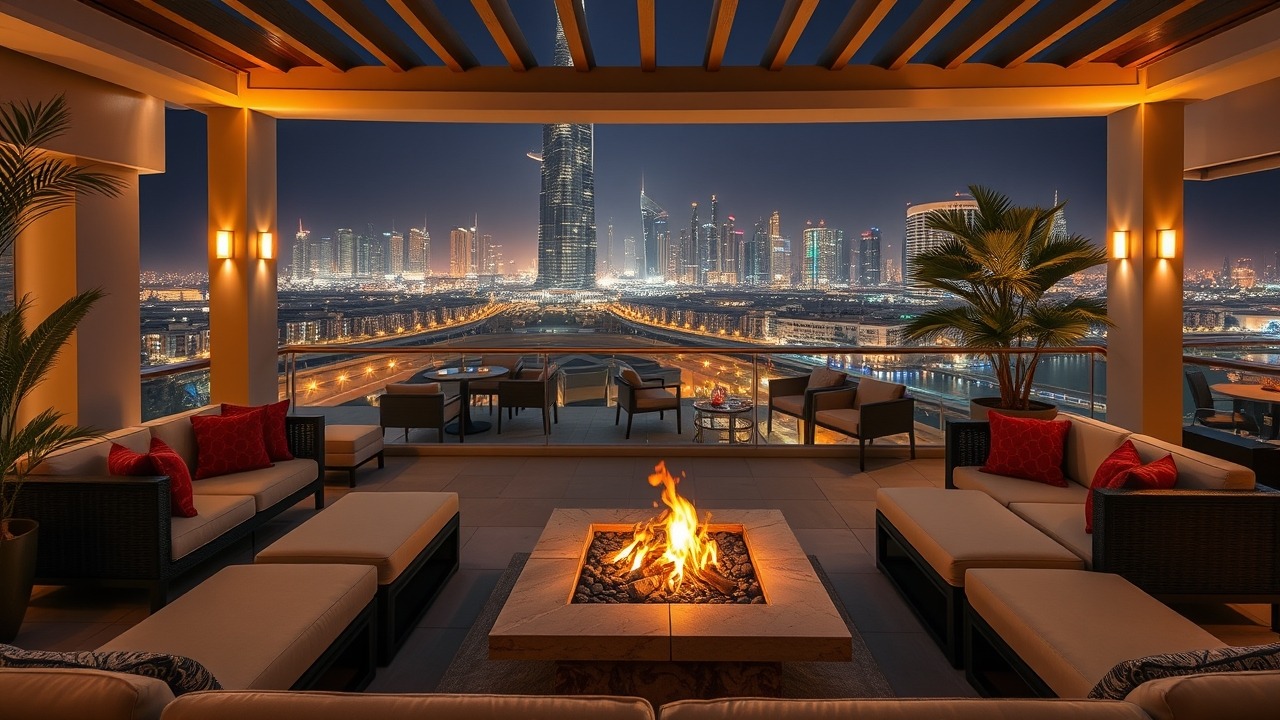 Luxury outdoor lounge with Dubai skyline view