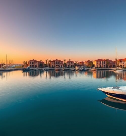 Port de La Mer marina at sunset with luxury yachts and Mediterranean buildings.