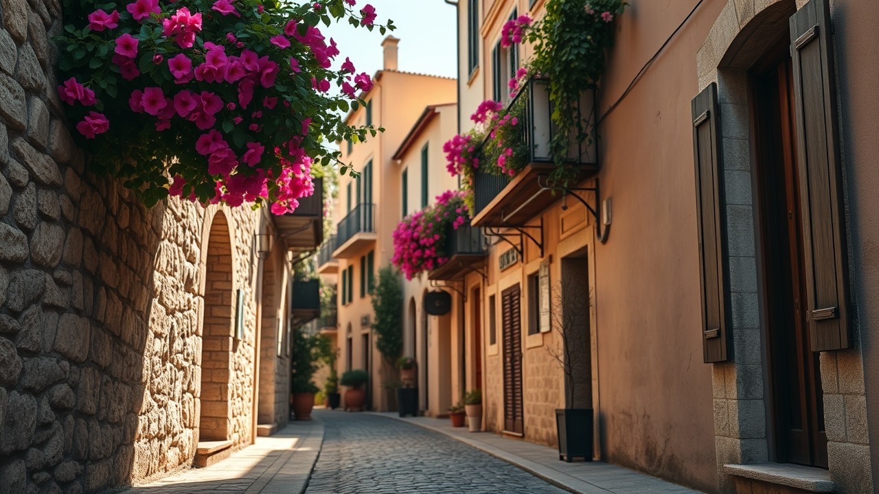 Cobblestone street and Mediterranean architecture in Port de La Mer Dubai.