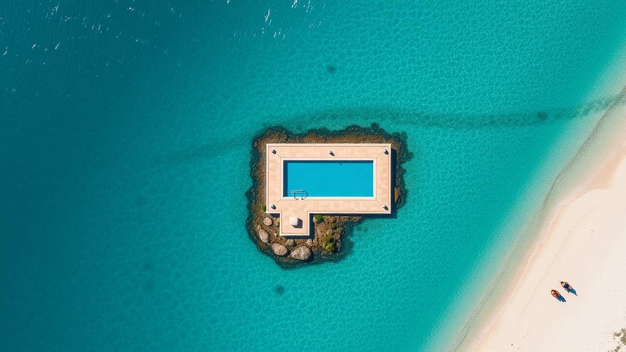 Aerial view of La Cote residential cluster and beach at Port de La Mer.