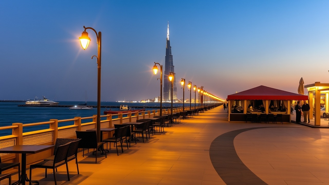 Evening promenade at Port de La Mer with skyline views.