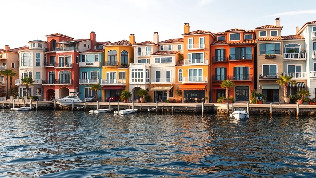Sur La Mer townhouses with colorful facades and water access.