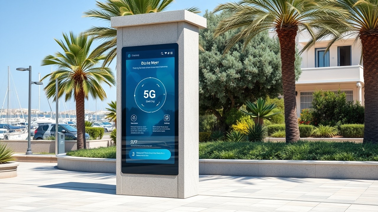 Smart city technology integration in a Mediterranean-style park.