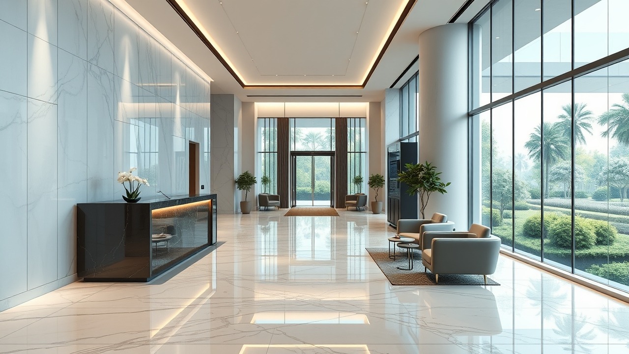Modern high-tech residential lobby in Production City Dubai