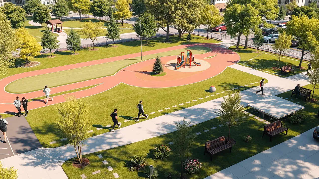 Parc communautaire aménagé et piste de jogging dans la zone industrielle d'ImpZ