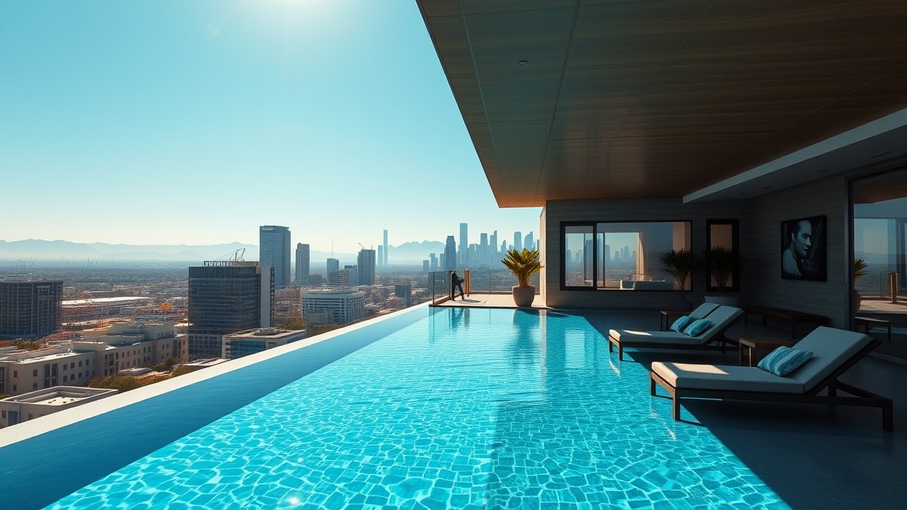 Rooftop pool with view of Dubai Studio City sound stages