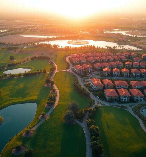 Aerial view of The Springs Dubai lakes and villas