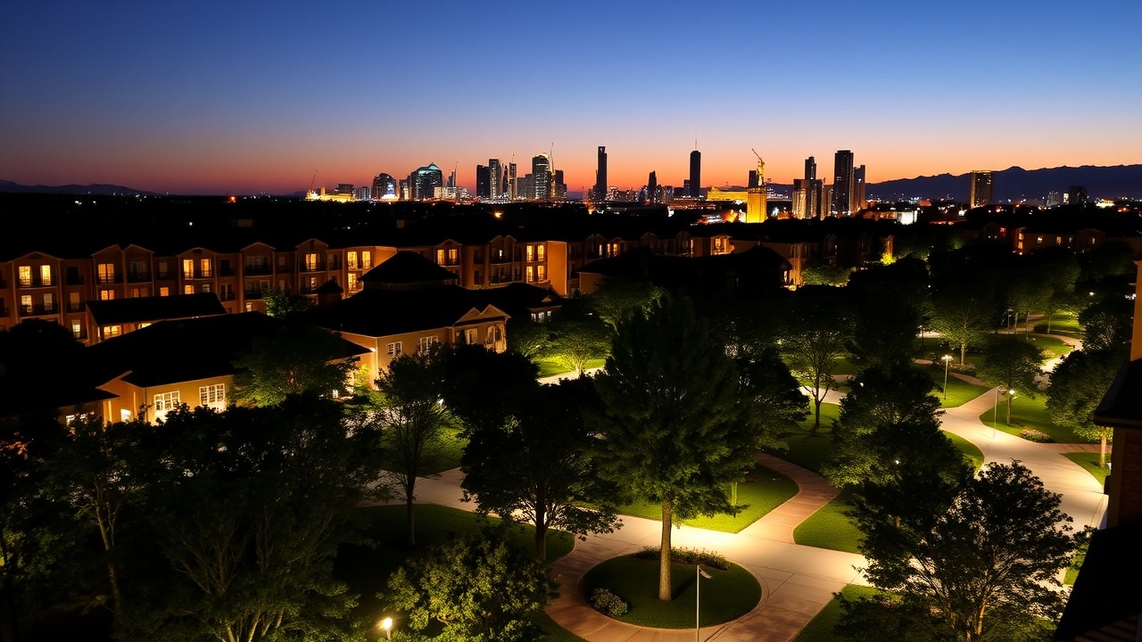 Night skyline and community lighting in Town Square