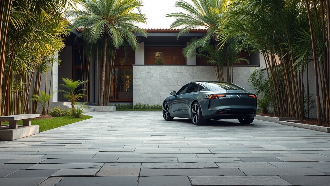 Luxury driveway with electric car in Al Barari forest